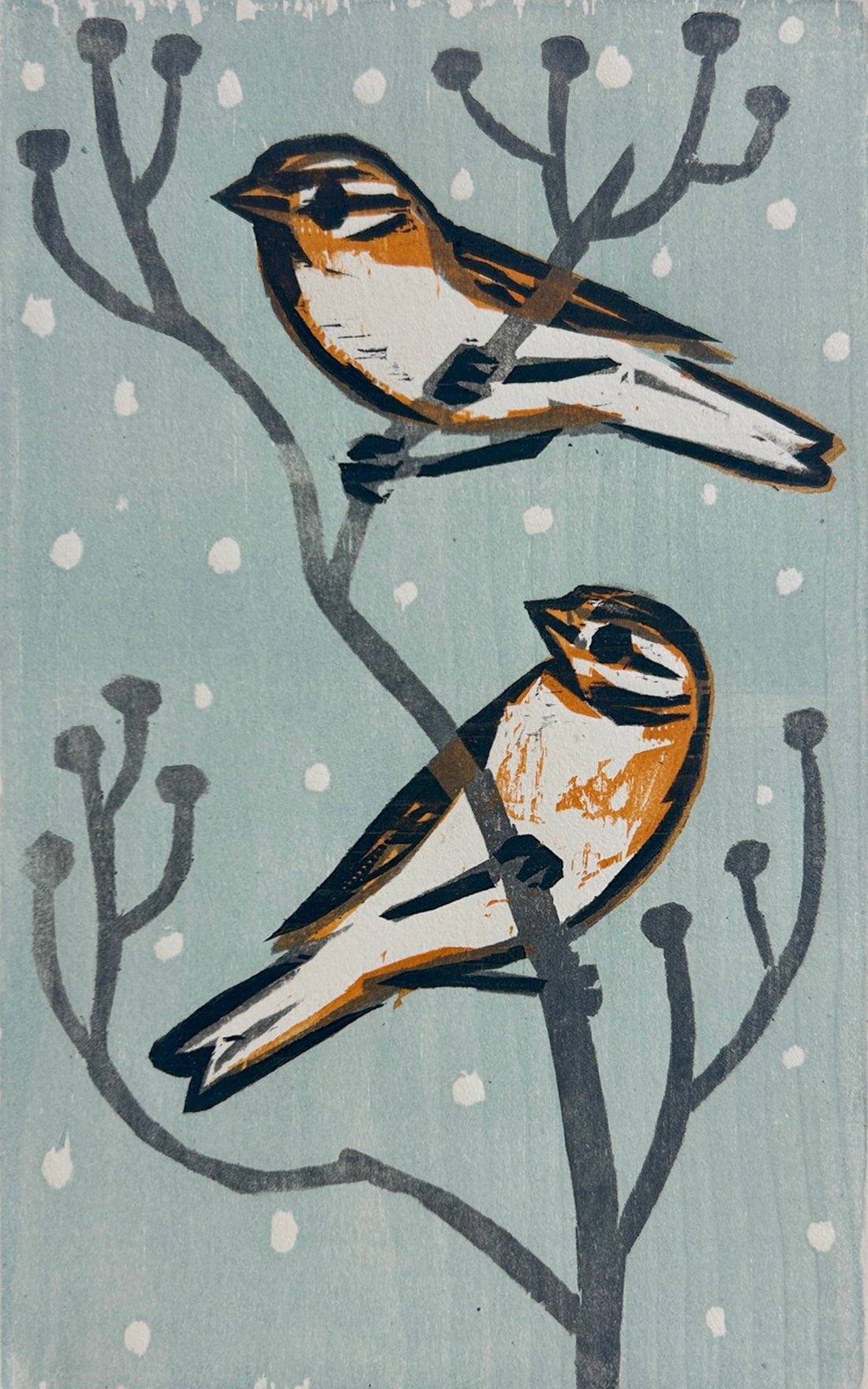 Sparrow Snow Day 11x14 | Woodblock Print