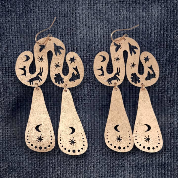 Animal Cutout Moon & Stars Brass Earrings