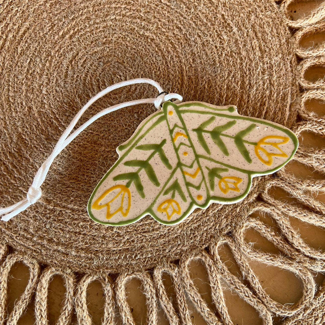 Floral Moth Ceramic Ornament | Green/Yellow