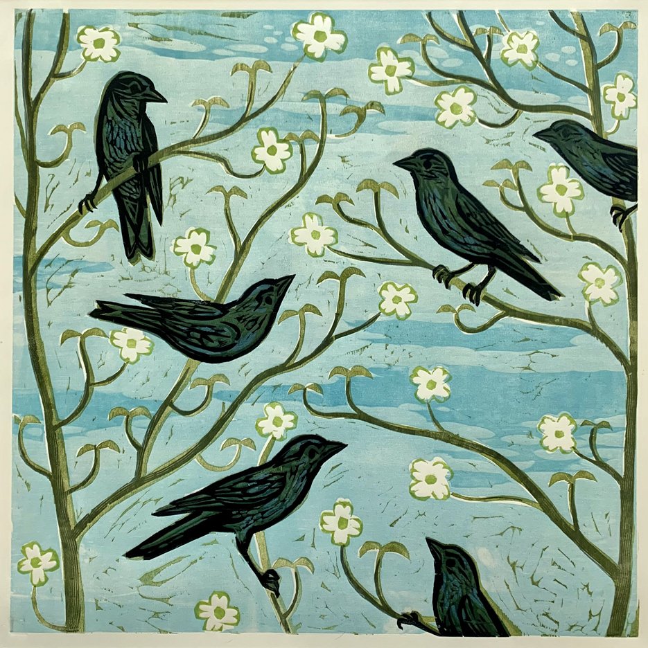 Blackbirds & Dogwood 24x24 | Woodblock Print