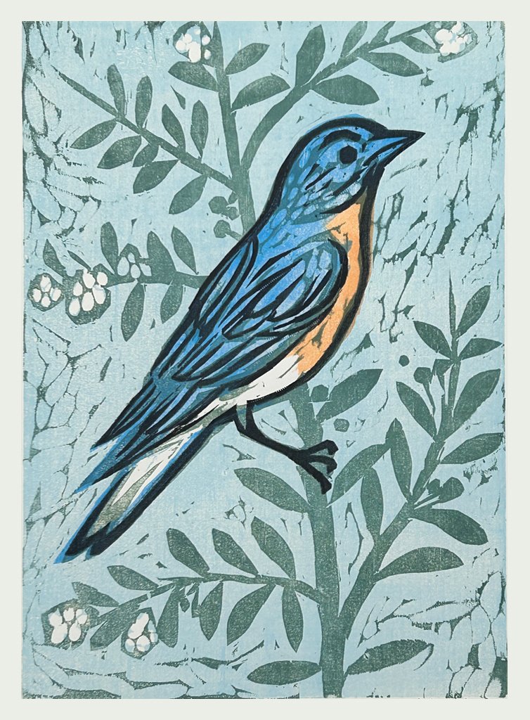 Bluebird & Pyracantha no.1 16x20 | Woodblock Print