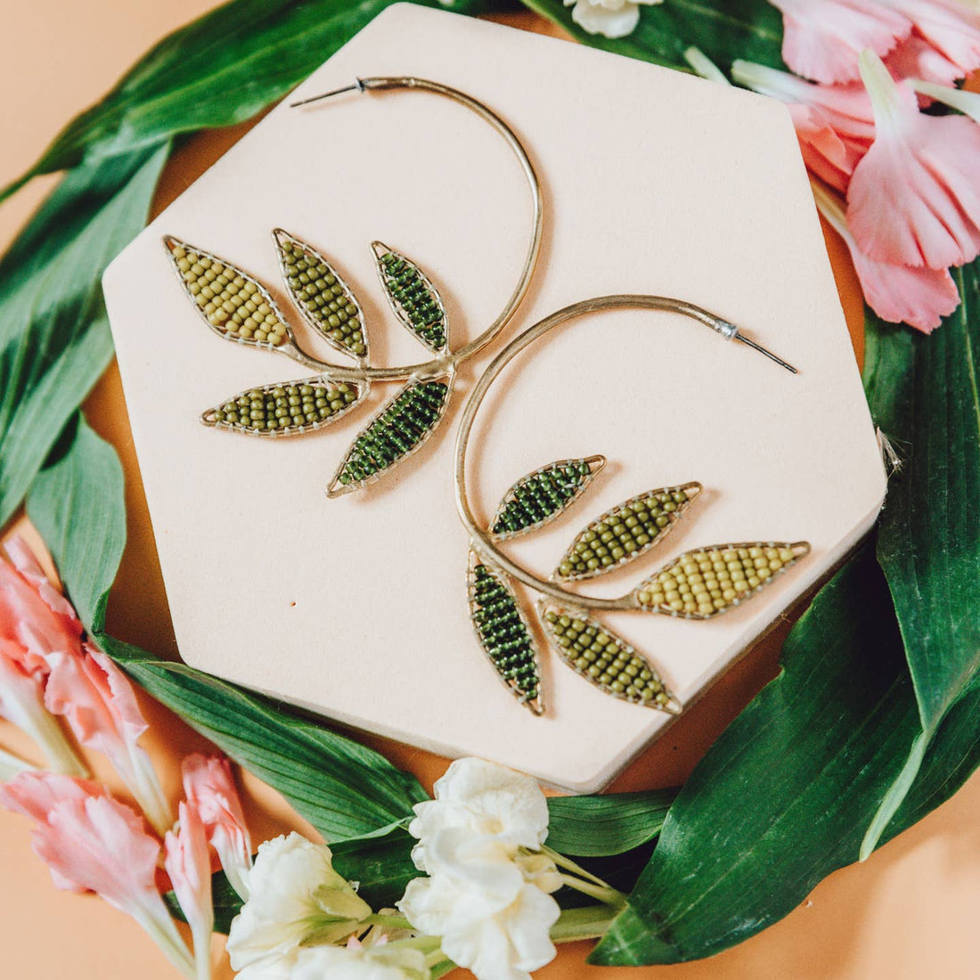 Summer Leaves Beaded Hoop Earrings