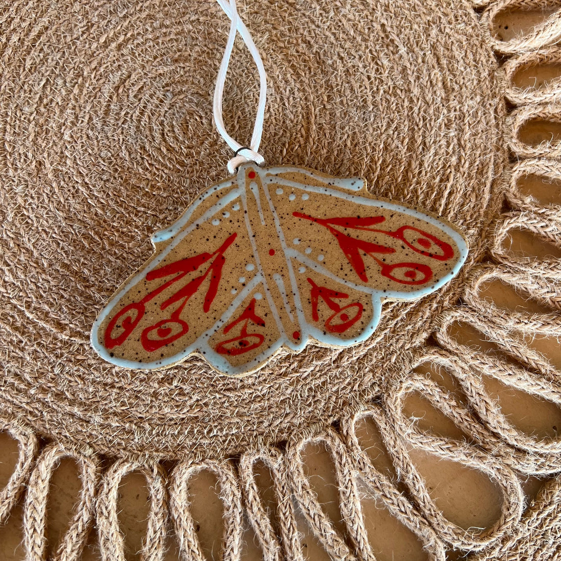 Floral Moth Ceramic Ornament | Red/Blue