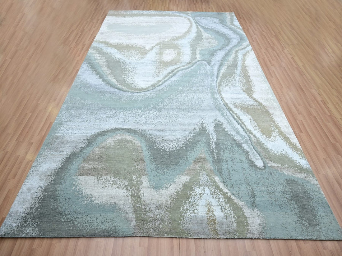 9' x 12'3" | Blue & Ivory Abstract | Wool & Silk | 210000032328