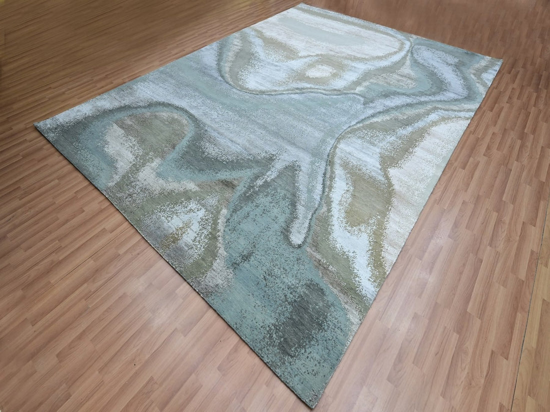 9' x 12'3" | Blue & Ivory Abstract | Wool & Silk | 210000032328