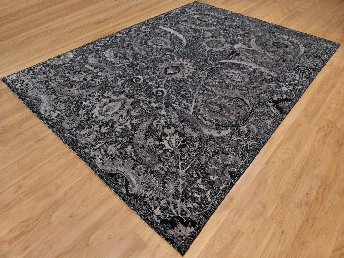 8'8" x 11'10" | Black Leaf Design | Wool & Silk | 210000028944