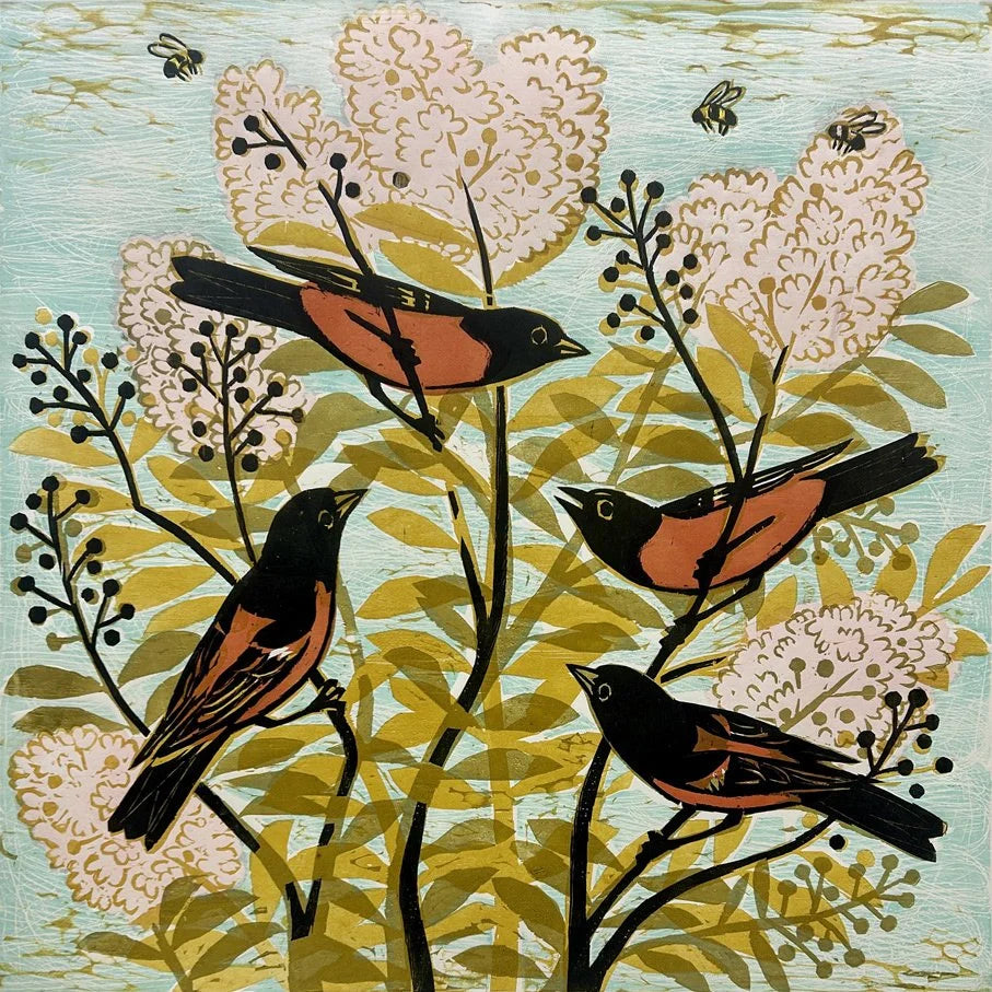 Orchard Orioles 24x24 | Woodblock Print