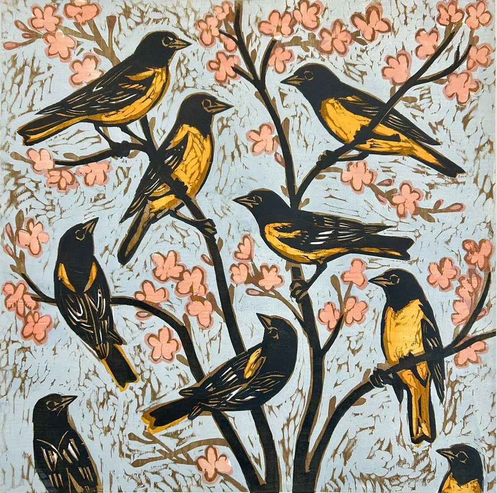 Orioles and Cherry Blossoms 24x24 | Woodblock Print