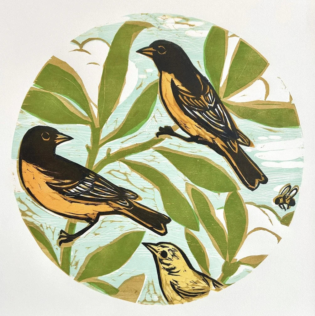 Orioles & Magnolia 16x16 | Woodblock Print