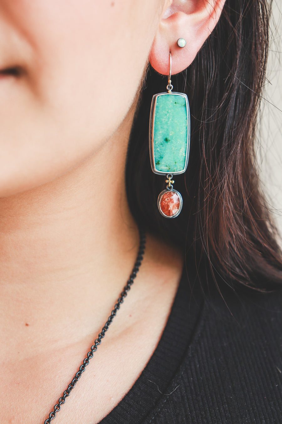 Opalized Wood, Sunstone & 18k Galaxy Monolith Earrings