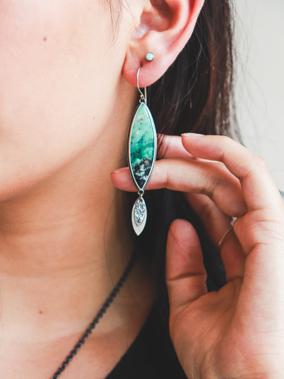 Opalized Wood & 18k Lunar Petal Drop Earrings