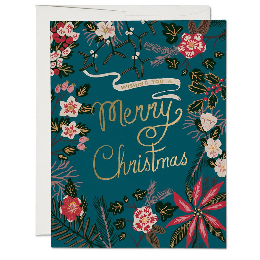 Blue Poinsettia Christmas Card