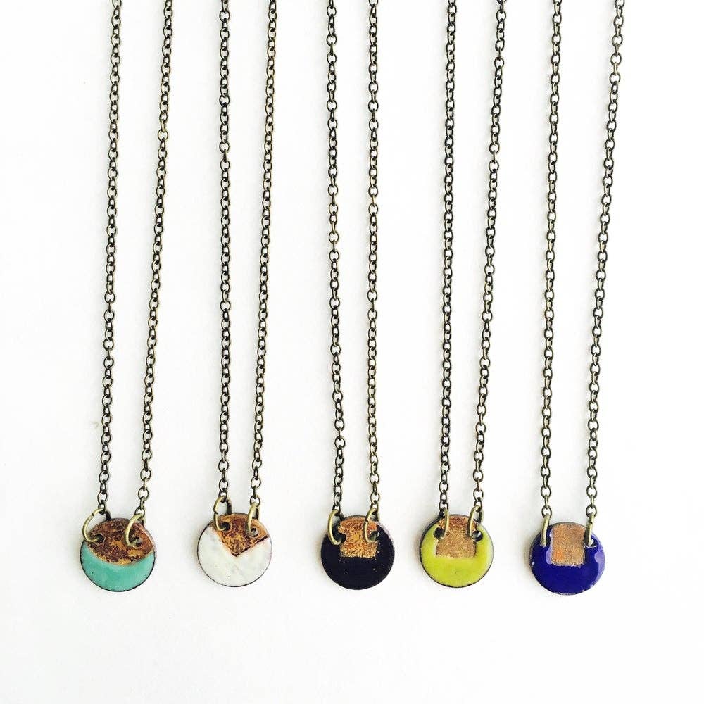 Blue Enamel Circle Necklace with Gold Patina