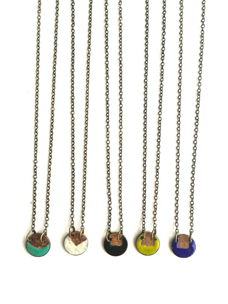 Blue Enamel Circle Necklace with Gold Patina