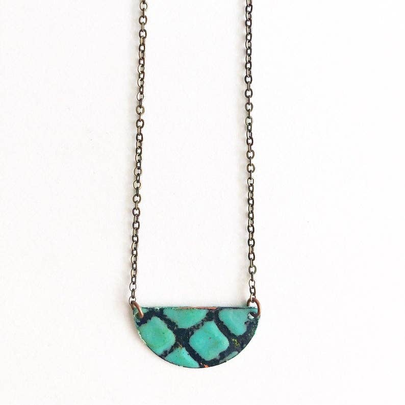 Small Half Moon Enamel + Patina Necklace