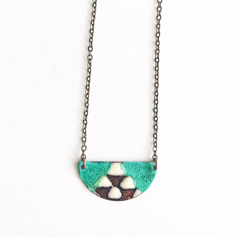 Small Half Moon Enamel + Patina Necklace