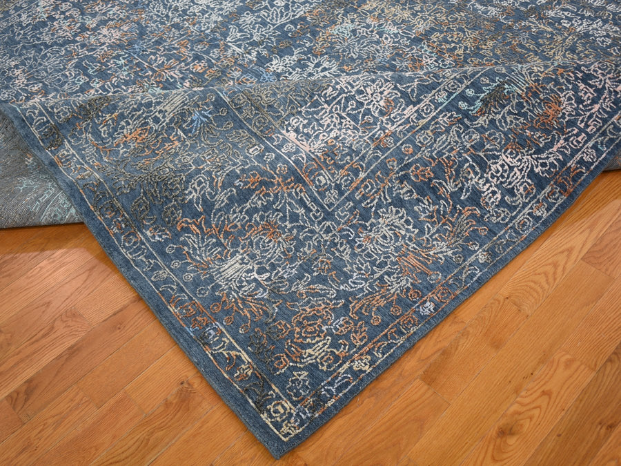 9'0" x 12'0" | Blue Erased Persian Rug | Wool and Silk | 24546