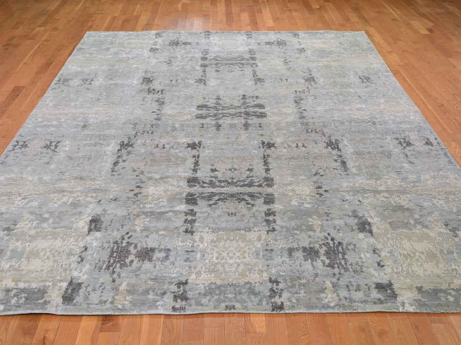 9'0" x 11'9" | Silver Abstract | Wool and Silk | 24593