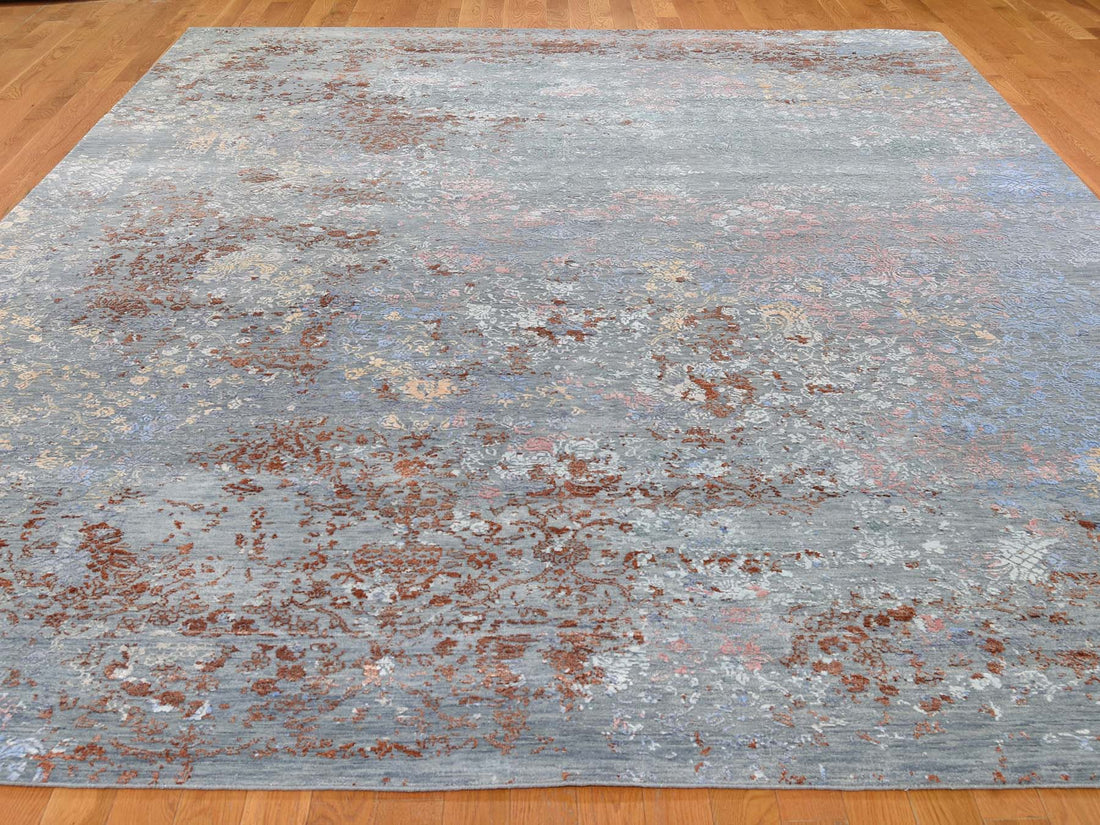 9'0" x 12'1" | Blue Erased Floral | Wool and Silk | 24594