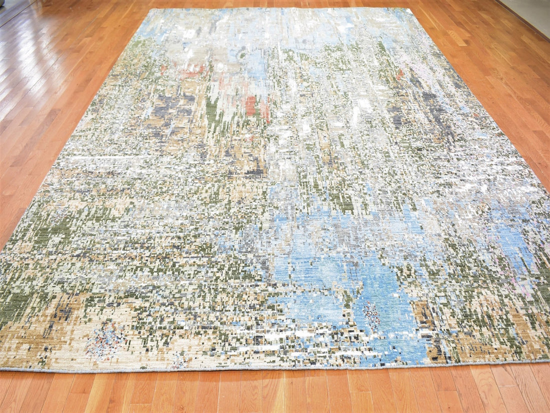 10'0" x 14'0" | Blue Green Abstract Rug | Wool and Silk | 24628