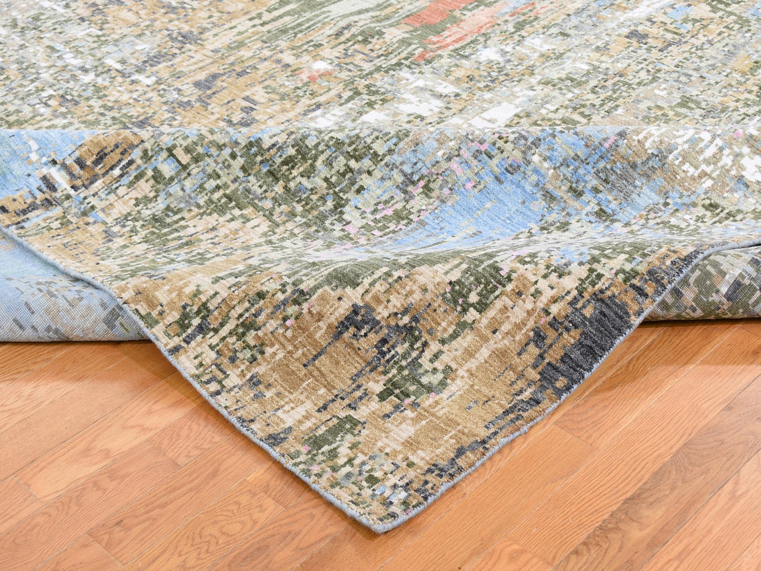 10'0" x 14'0" | Blue Green Abstract Rug | Wool and Silk | 24628