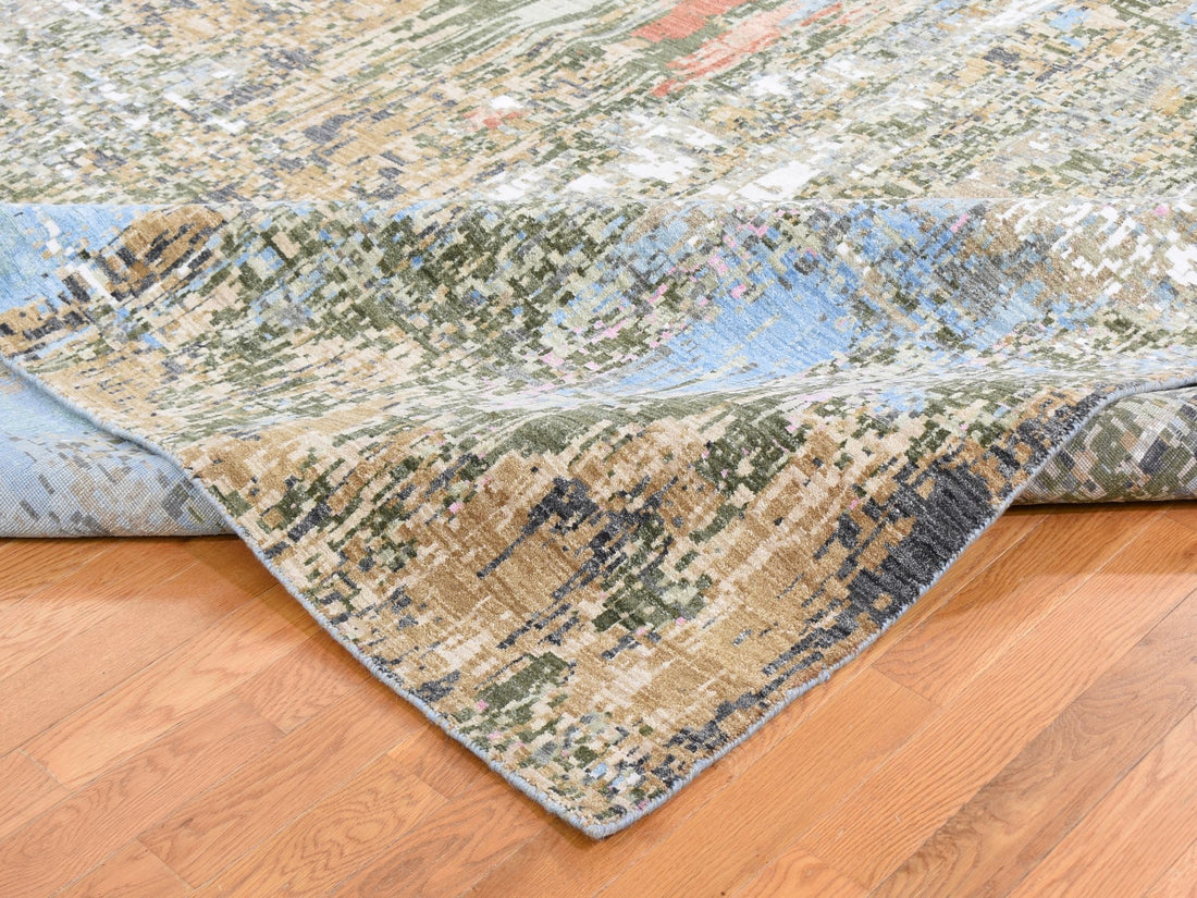 10'0" x 14'0" | Blue Green Abstract Rug | Wool and Silk | 24628