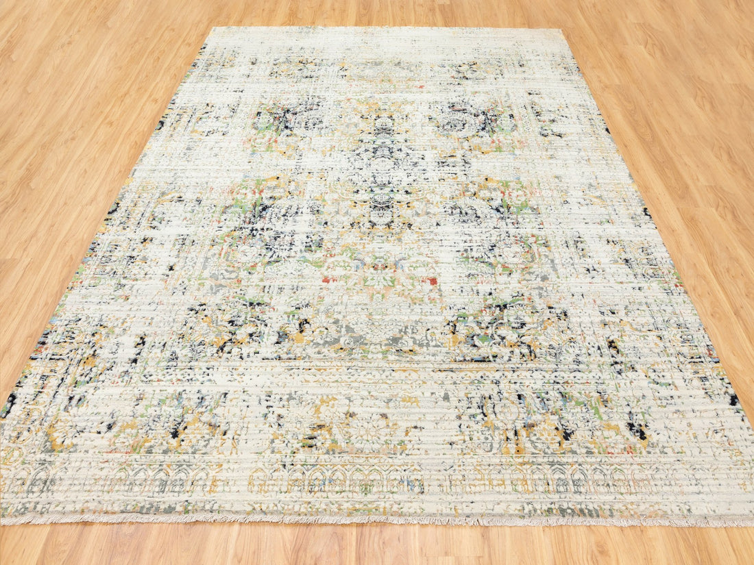 9'0" x 12'0" | Ivory Grey Erased Rug | Wool and Silk | 24656