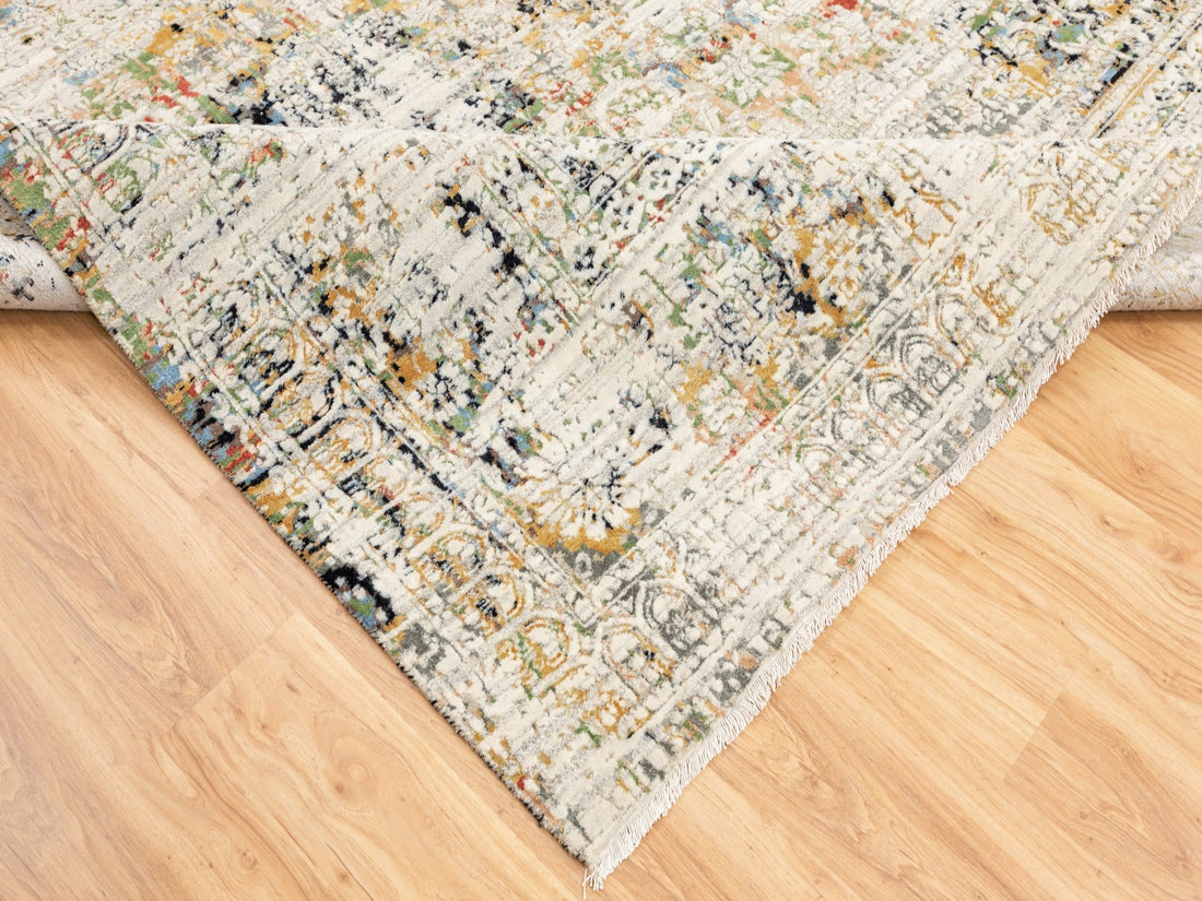 9'0" x 12'0" | Ivory Grey Erased Rug | Wool and Silk | 24656