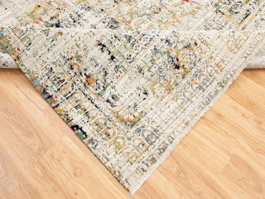 9'0" x 12'0" | Ivory Grey Erased Rug | Wool and Silk | 24656
