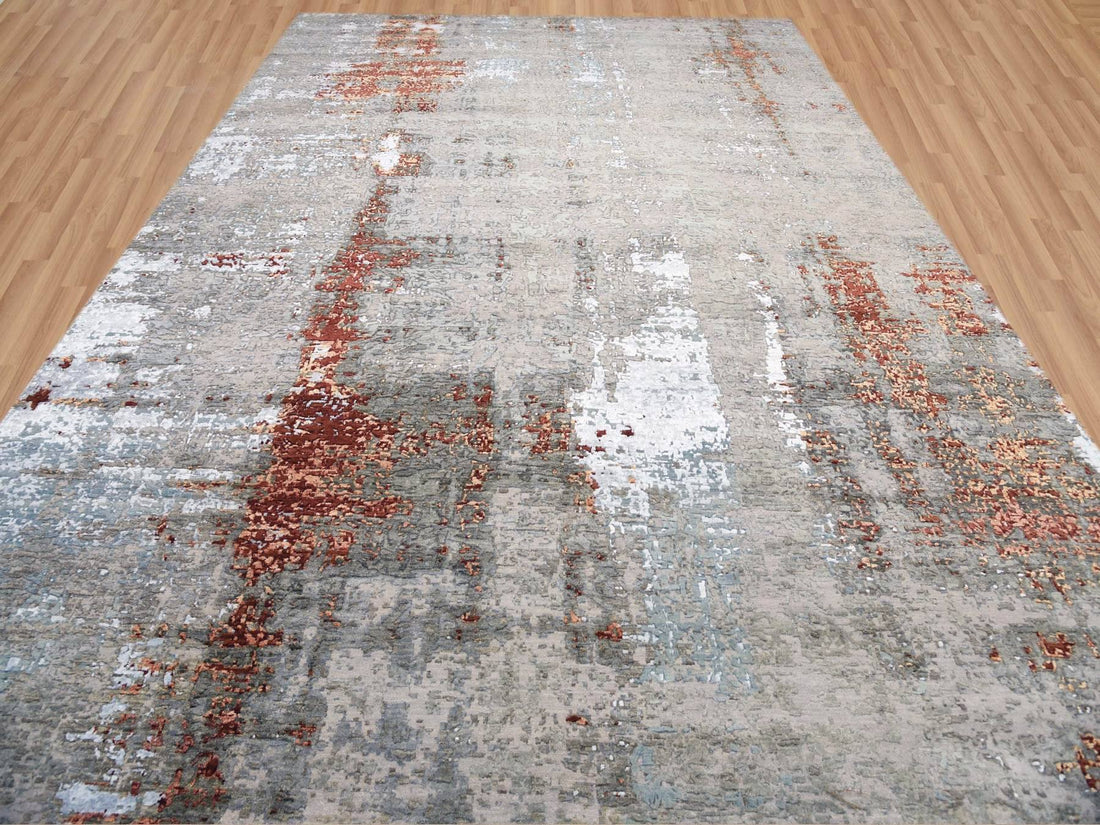 10'1" x 14'2" | Rust Beige Abstract Rug | Wool and Silk | 24673