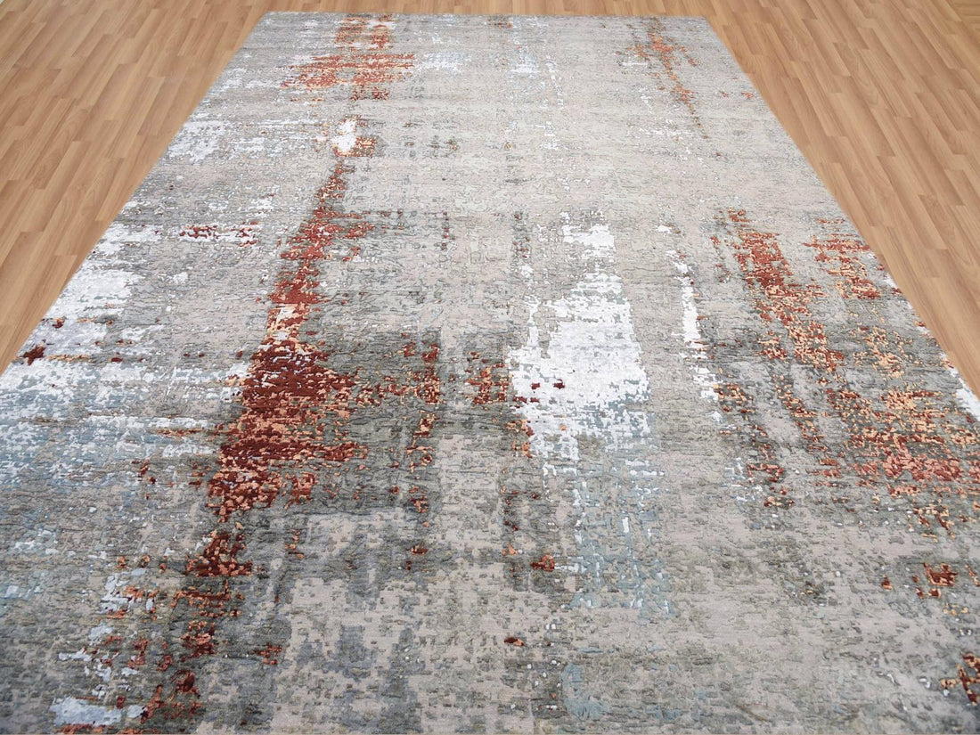 10'1" x 14'2" | Rust Beige Abstract Rug | Wool and Silk | 24673