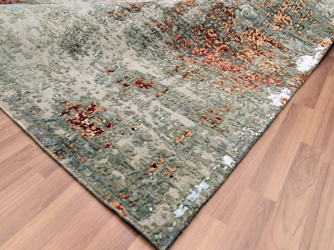 10'1" x 14'2" | Rust Beige Abstract Rug | Wool and Silk | 24673