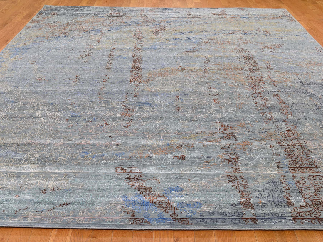 9'0" x 12'0" | Grey Blue Erased Rug | Wool and Silk | 24676