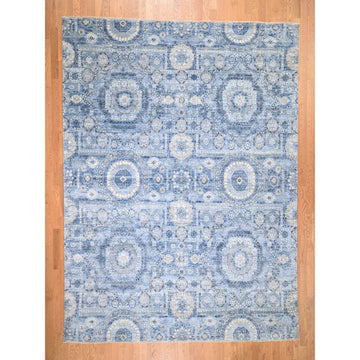 9'1" x 12'4" | Blue Cream Mamluk Rug | Wool and Silk | 24678