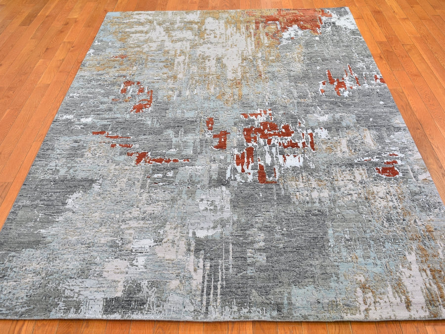 6'1"x 9'0" | Grey  Rust Abstract | Wool and Silk | 25159