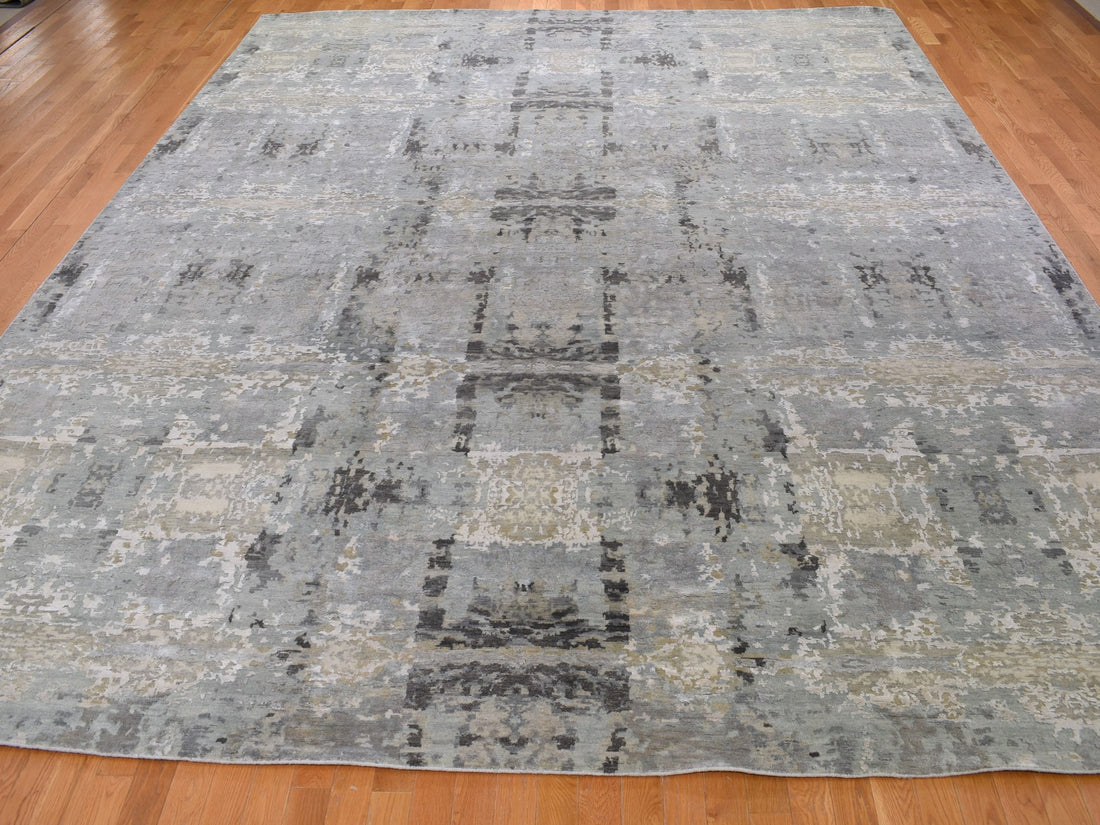 11'10"x14'10" | Silver Abstract Rug | Wool and Silk | 20443