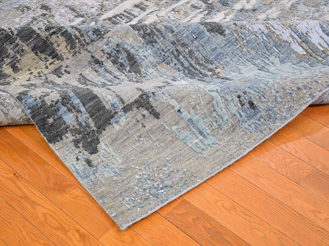 10'1" x 14'9" | Grey Abstract Rug | Wool and Silk | 21688