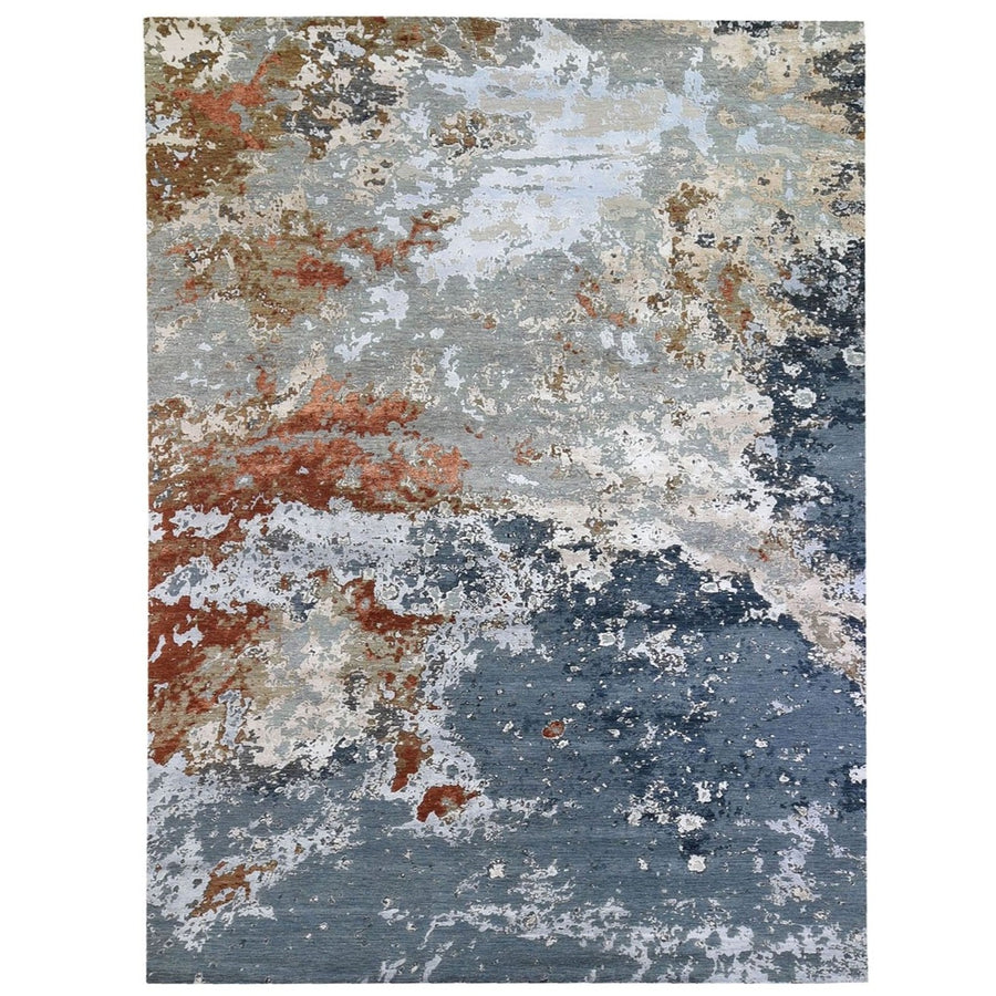 9'0" x 12'1 | Silver Blue Abstract Rug | Wool and Silk | 21685