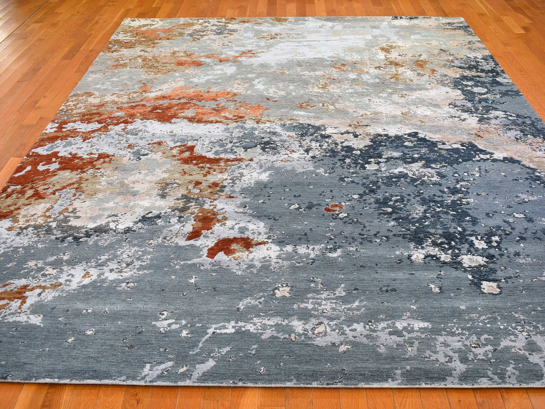 9'0" x 12'1 | Silver Blue Abstract Rug | Wool and Silk | 21685