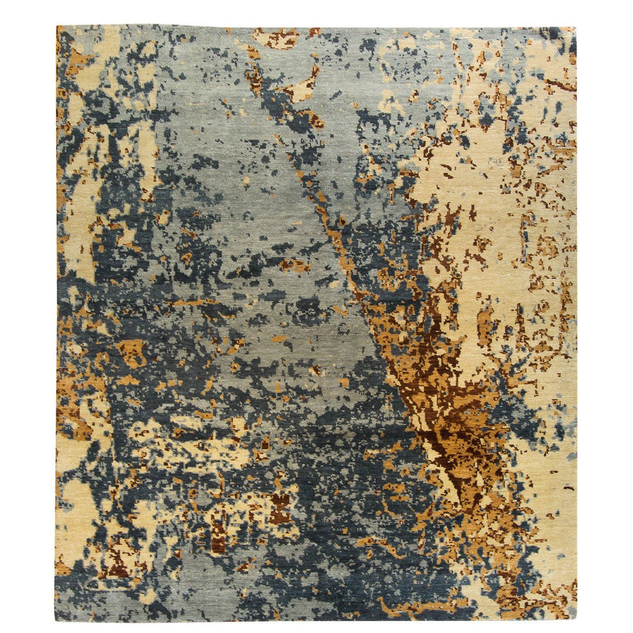 8'3" x 9'10" | Abstract Blue & Tan Rug | Wool and Silk | 9784