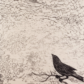Crow Contemplates 32x32 | Woodblock Print
