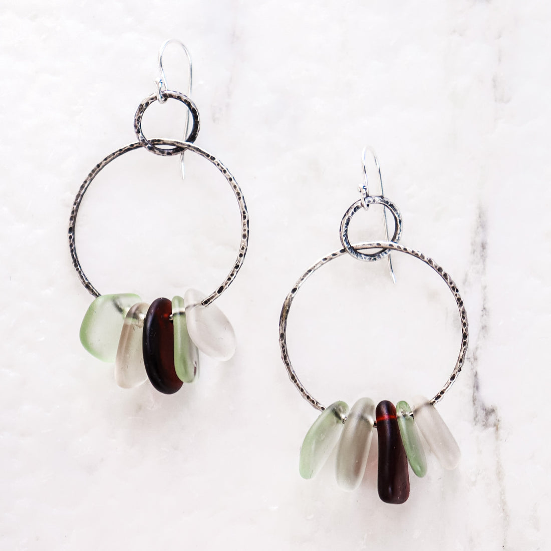 Red & Green Beach Glass Hoop Earrings