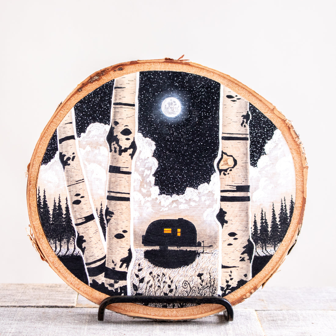 Airstream Under Moon | Drawing on Wood