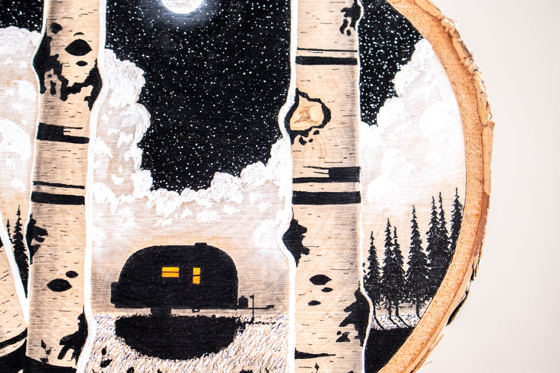 Airstream Under Moon | Drawing on Wood