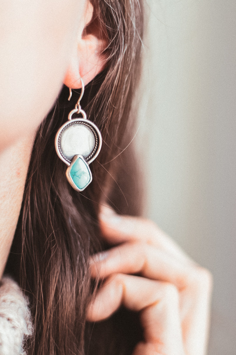 Turquoise Silver Disc Earrings