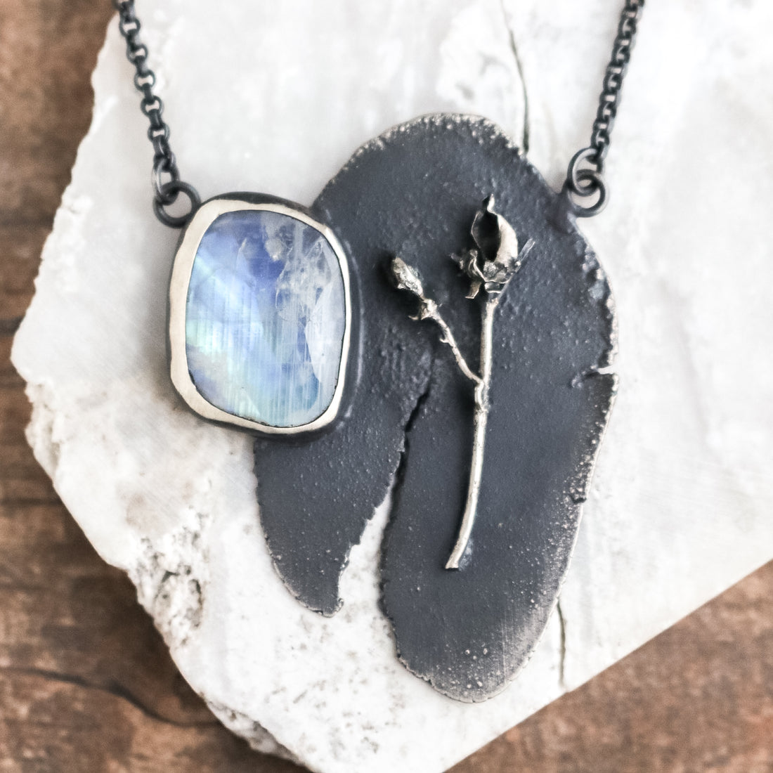 Moonstone + Pressed Silver Botanical Necklace