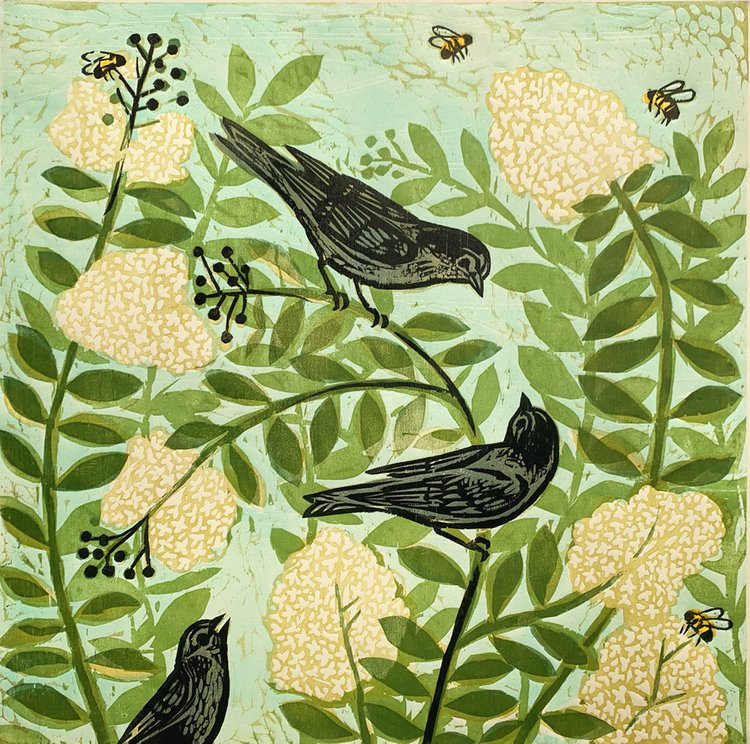 Blackbirds + Bloom 24x24 | Woodblock Print