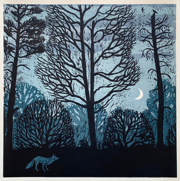 Fox and Crescent Moon 24x24 | Woodblock Print