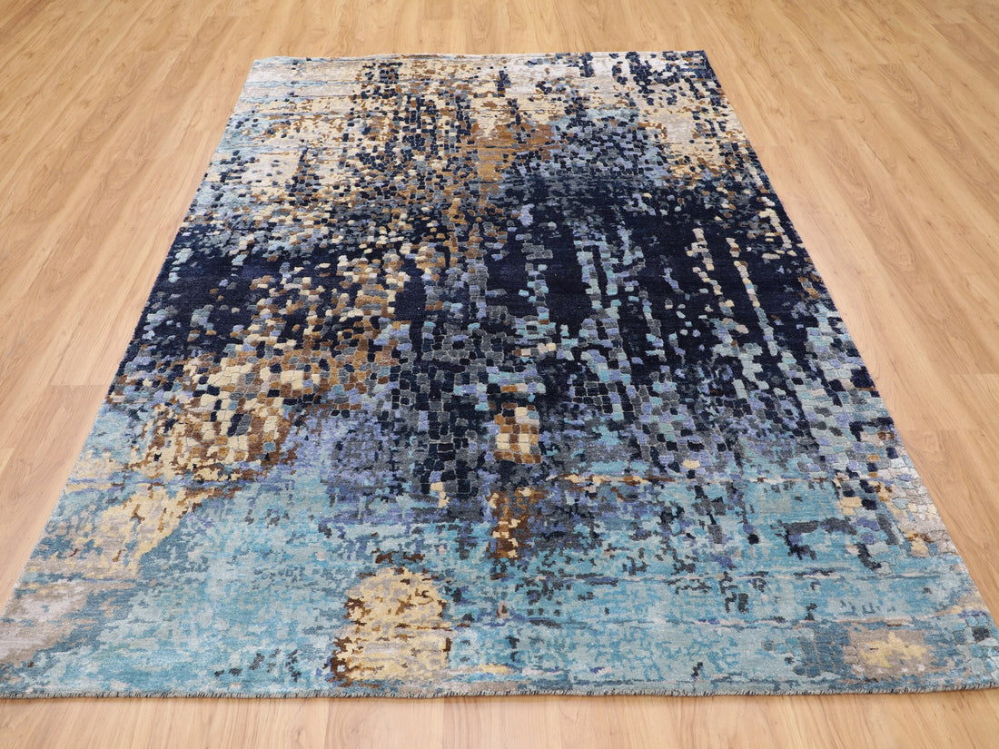 6'0"x8'9" | Blue Abstract Rug | Wool and Silk | 21278