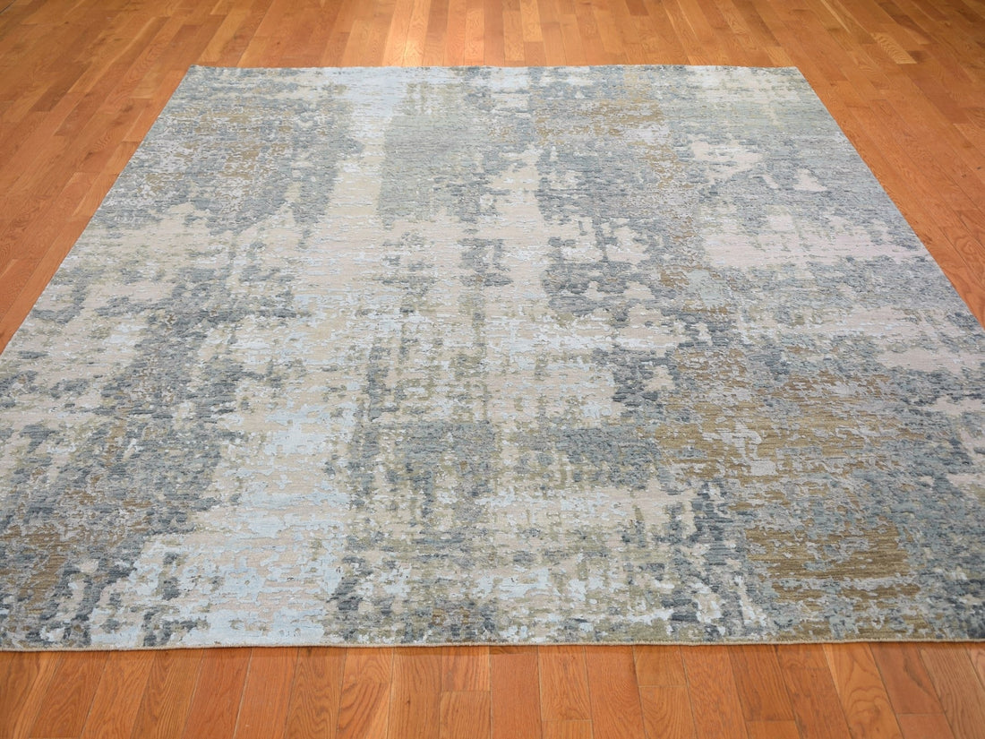 8'0"x10'1" | Grey Abstract Rug | Wool and Silk | 21290